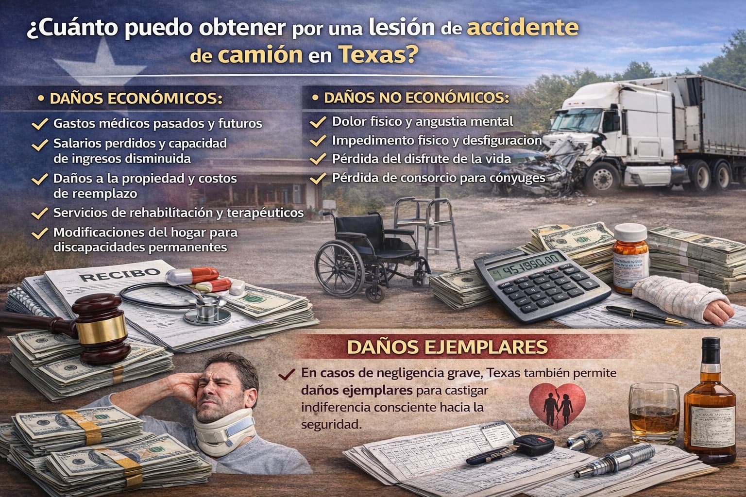 Compensación por lesiones en accidentes de camión en Texas mostrando daños económicos, no económicos y daños ejemplares
