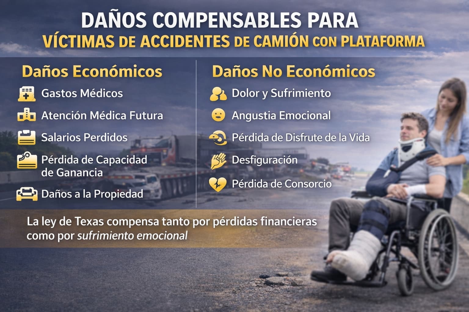 Daños compensables para víctimas de accidentes de camión con plataforma en Texas, incluyendo daños económicos y no económicos