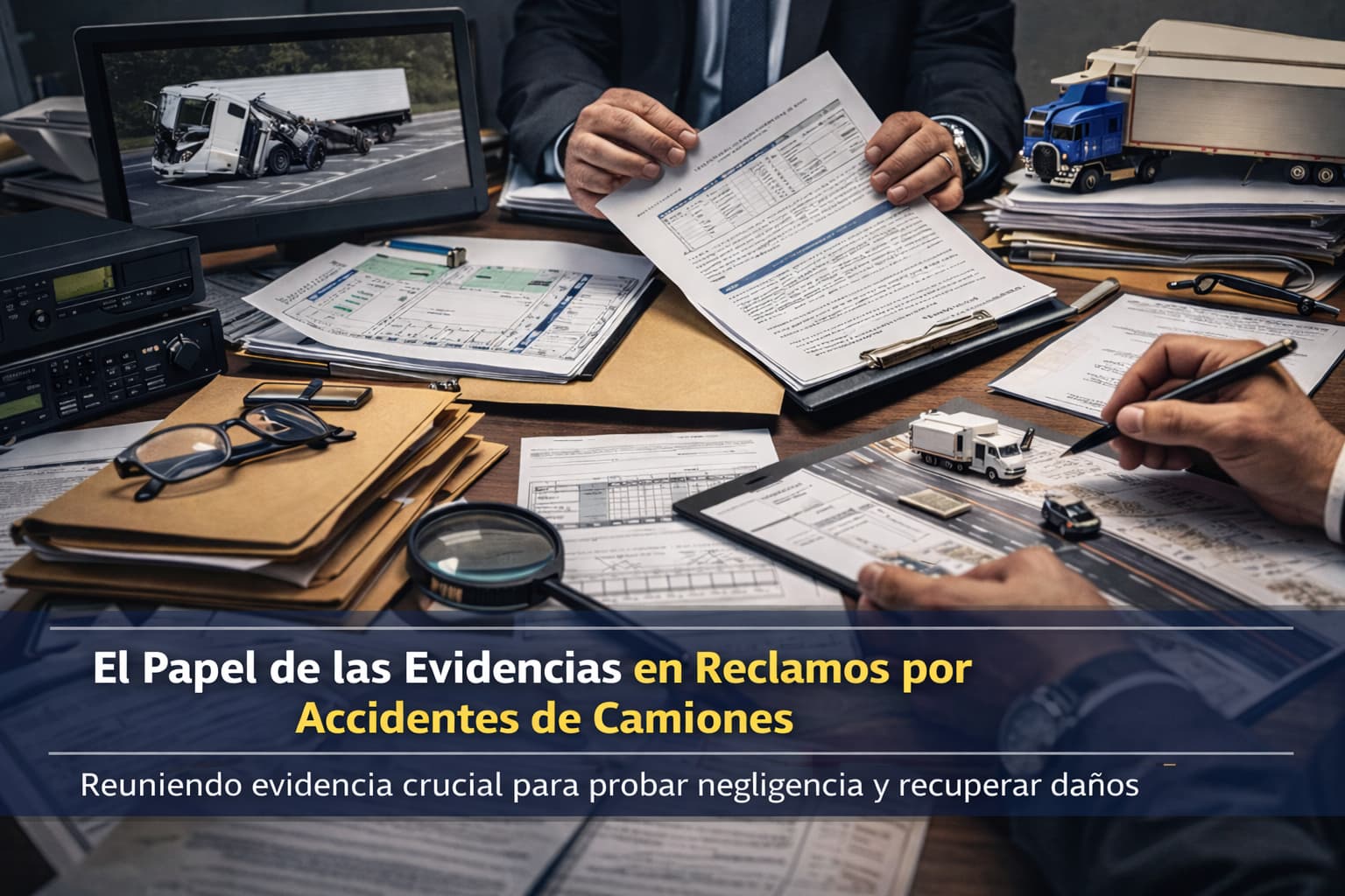 Evidencia en Reclamos por Accidentes de Camiones El papel de la evidencia en reclamos por accidentes de camiones mostrando investigación legal, documentos y análisis de choque
