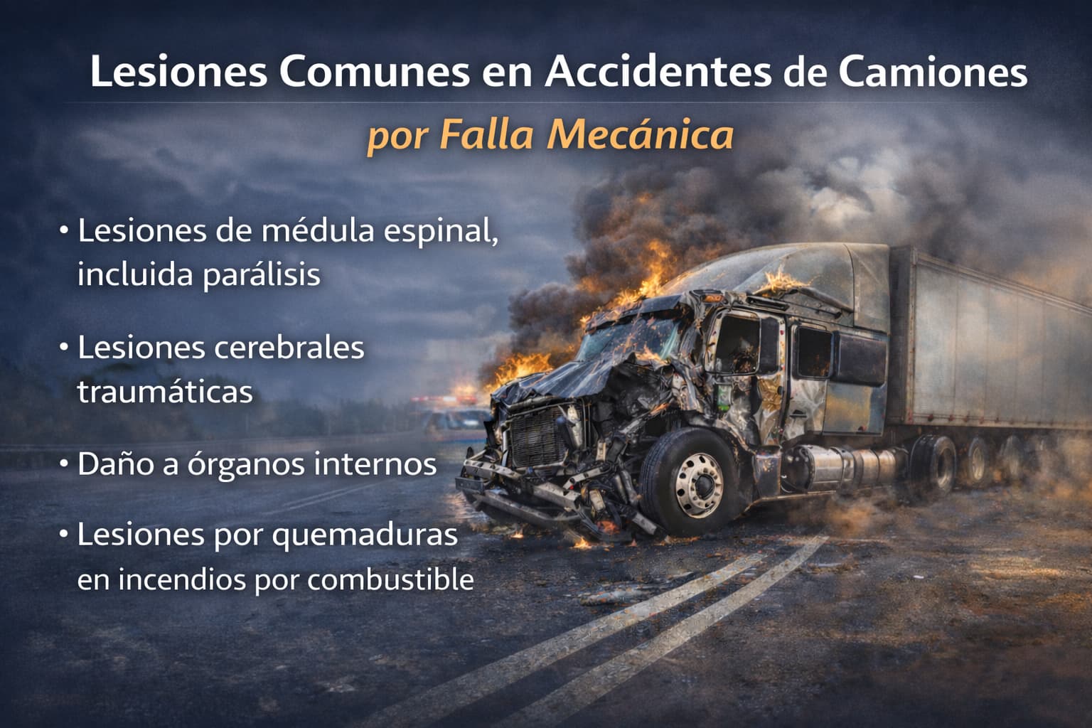 Lesiones comunes en accidentes de camiones por falla mecánica, incluyendo lesiones de médula espinal, daño cerebral, órganos internos y quemaduras