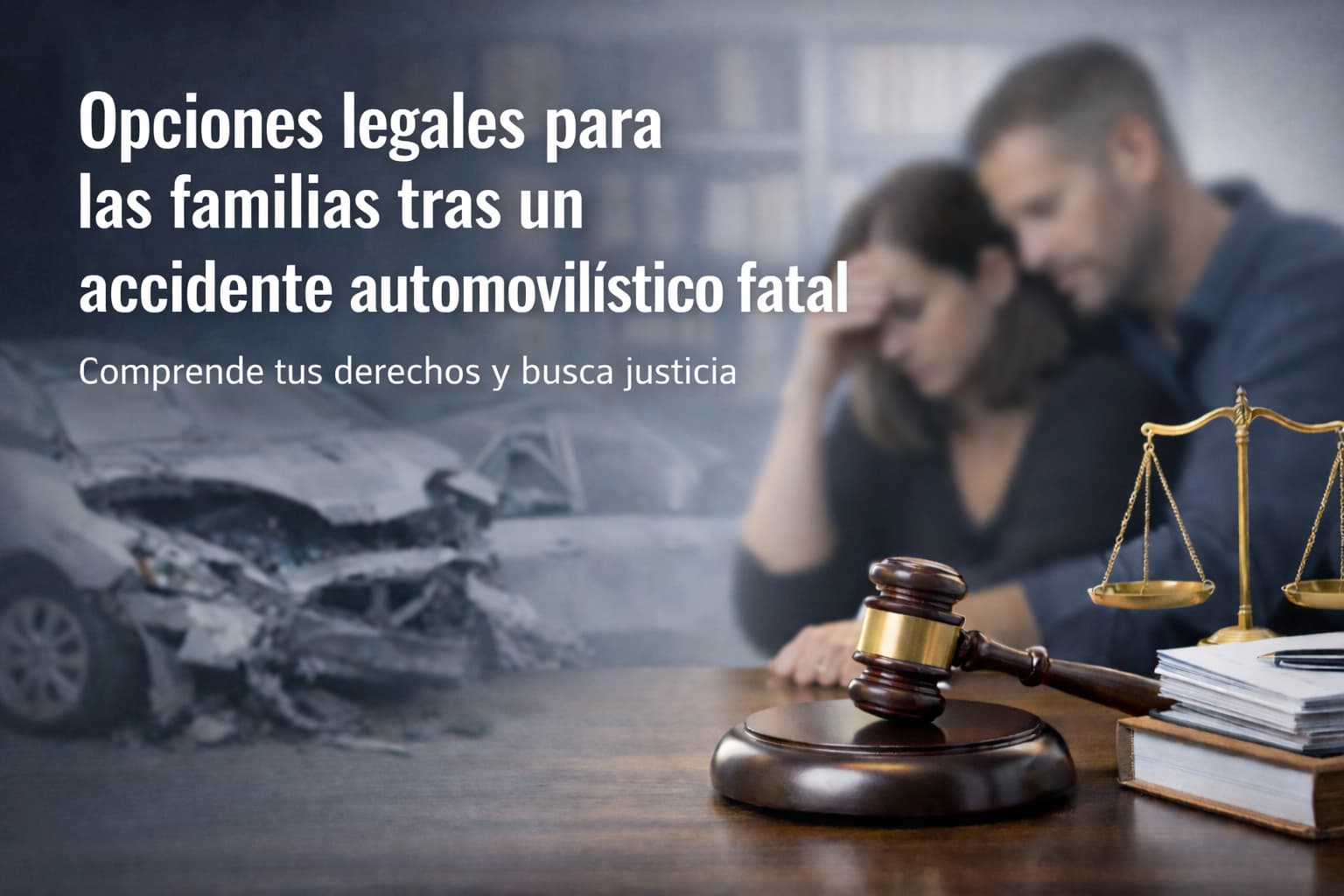 Opciones legales para las familias tras un accidente automovilístico fatal con símbolos de justicia y familia en duelo