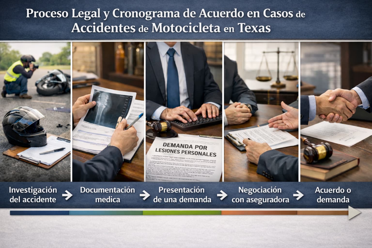 Proceso legal y cronograma de acuerdo en casos de accidentes de motocicleta en Texas, desde la investigación del accidente hasta el acuerdo o demanda.