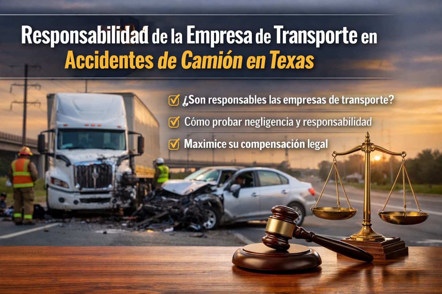 Accidente de camión comercial en carretera de Texas con auto dañado y símbolos legales que representan la responsabilidad de la empresa de transporte