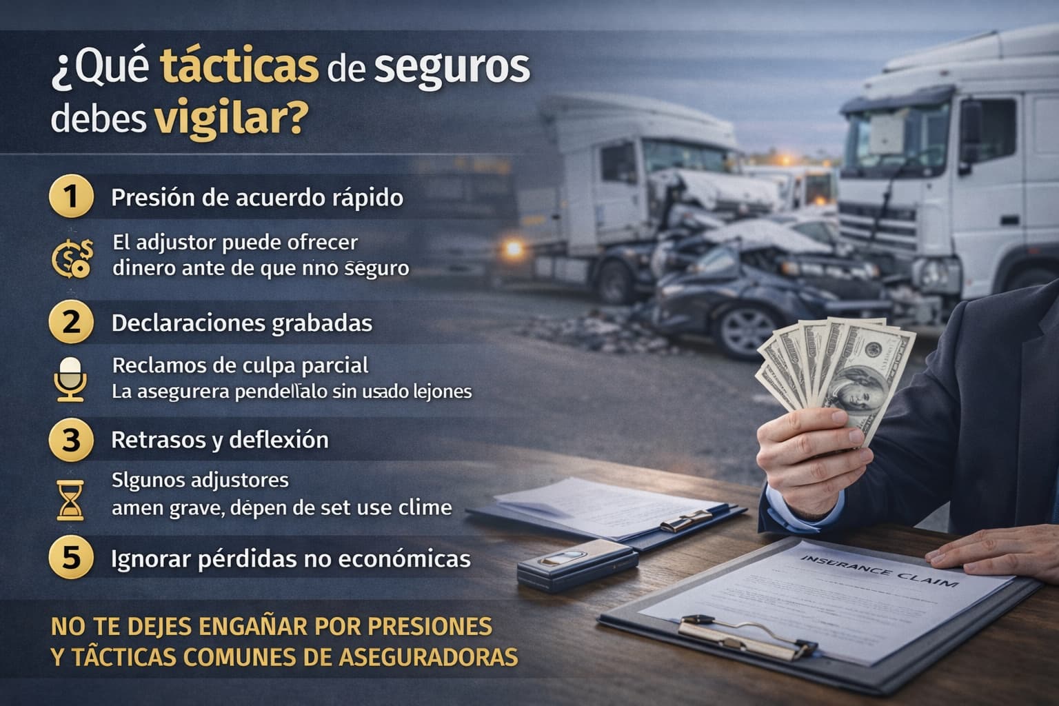 Infografía sobre tácticas de seguros tras un accidente de camión, mostrando presión de acuerdos rápidos, retrasos y reclamos de culpa parcial.