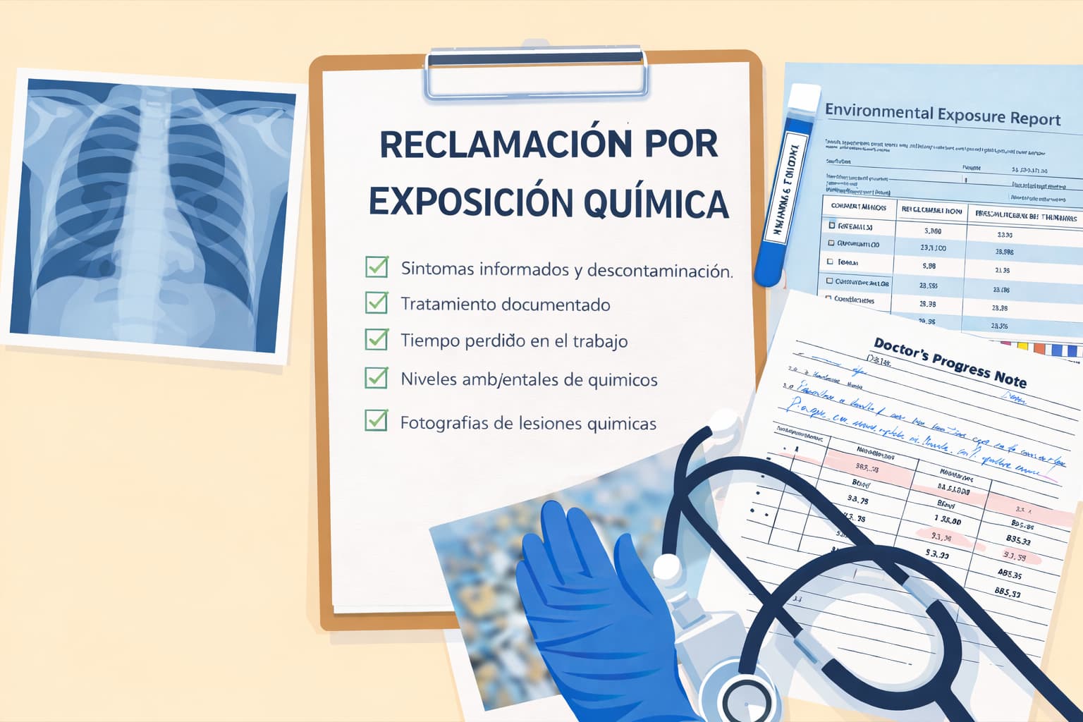 Documentación para reclamación por exposición química mostrando registros médicos, informe ambiental y checklist legal en estilo gráfico plano